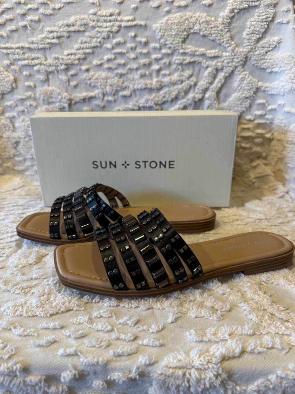 Sun + Stone Black Studded Multi-Strap Slide Sandal#648 - Picture 3 of 4